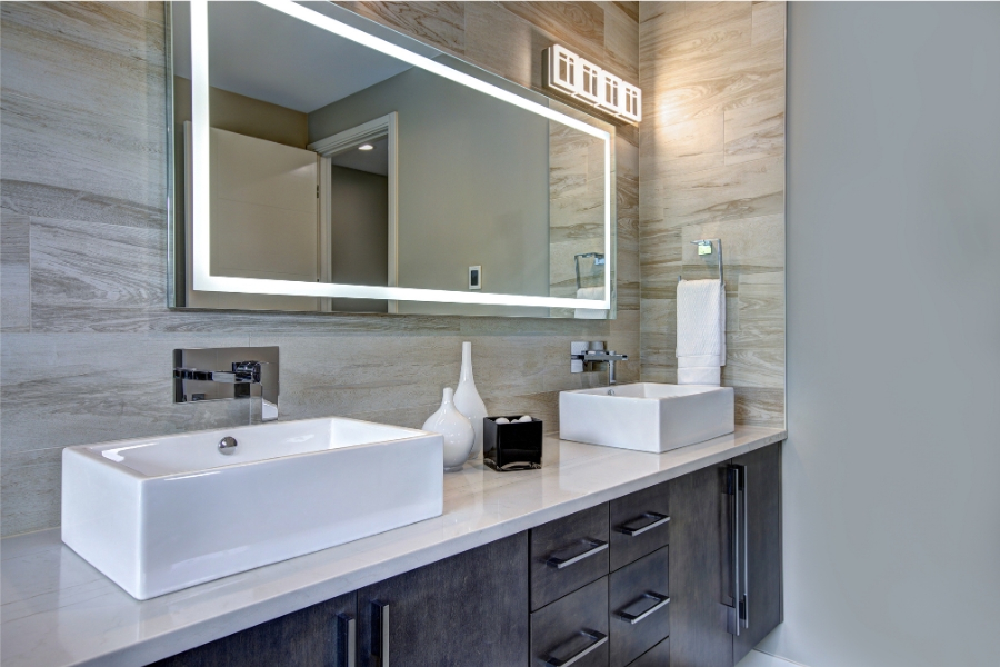 Beautiful Wood Theme Bathroom With LED Mirror And Counter Top Vanity Unit