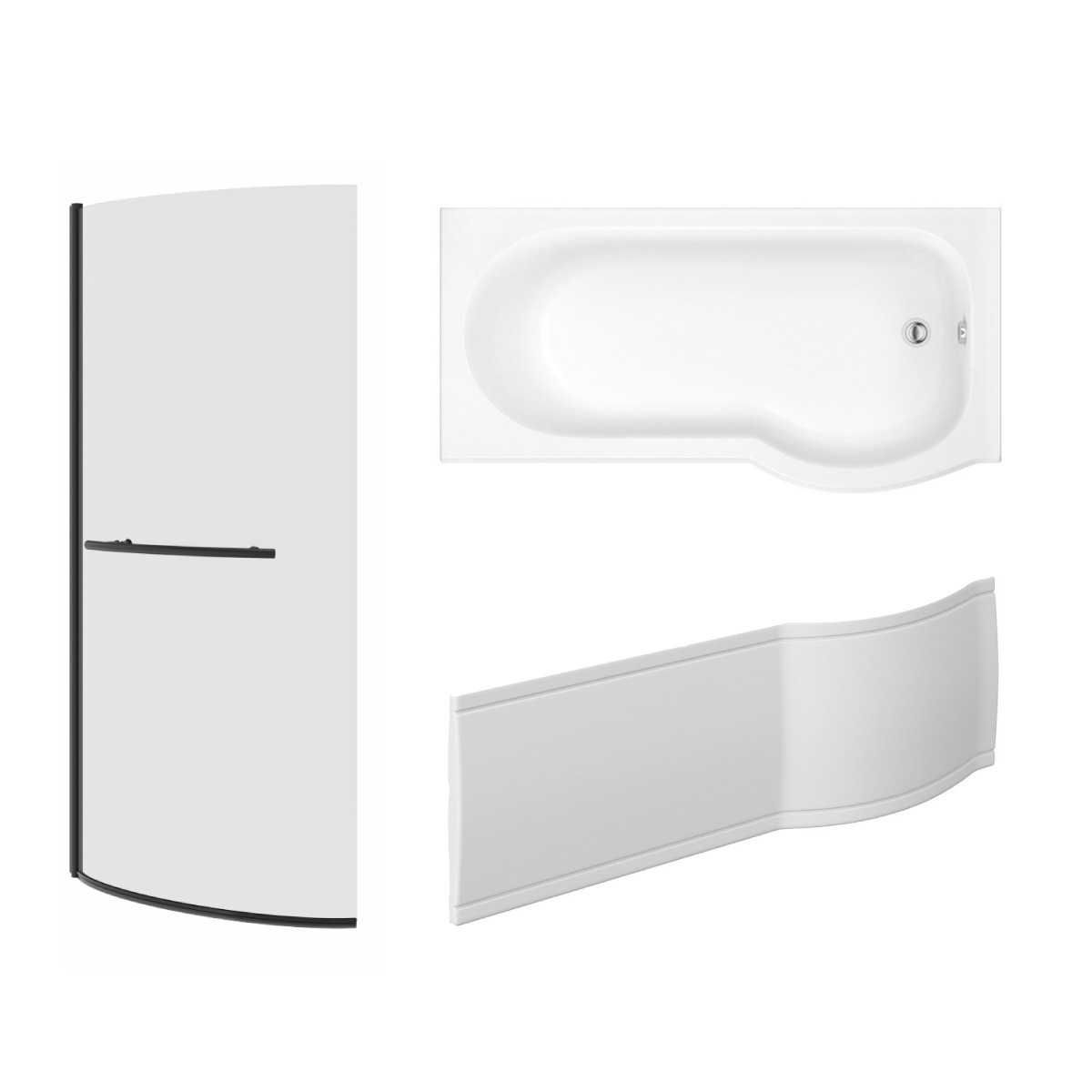 Pendle 1500mm P Shape Shower Bath Right Hand with Front Panel and Matt Black Bath Screen with Towel Rail