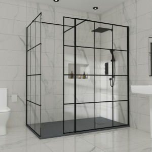 Wasdale 1400mm Wet Room Screen, 1000mm Wet Room Screen with 200mm Wet Room Return Screen - Black Grid