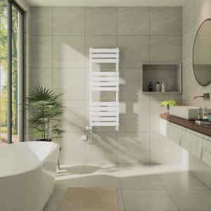 Juva 1200 x 450mm Dual Fuel White Flat Panel Thermostatic Touch Control Electric Heated Towel Rail