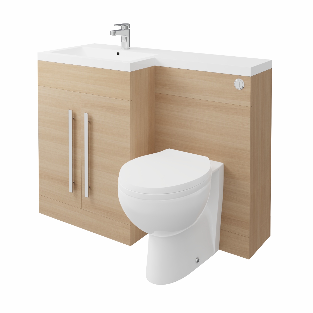 Calm Light Oak Left Hand Combination Vanity Unit Basin L Shape with Back to Wall Splash Toilet & Soft Close Seat & Concealed Cistern - 1100mm