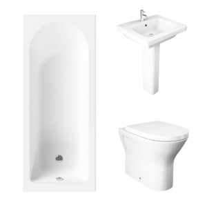 Essentials 1500 x 700mm Straight Bath Single Ended Bathroom Suite with RAK-Resort Back to Wall Pan Toilet and 550mm Full Pedestal Basin - Including Bath Panels