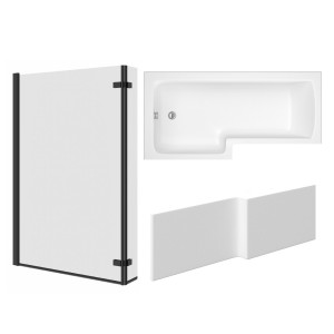 Leyland 1700mm L Shape Shower Bath Left Hand with Front Panel and Matt Black L Shape Bath Screen with Hinged Return