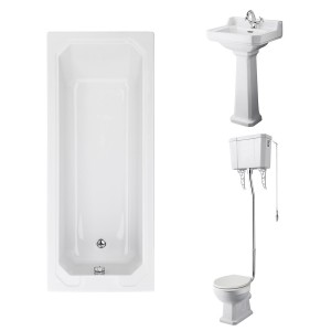 Wellington High Level Comfort Height Toilet with Sand Seat & 500mm 1 Tap Hole Basin with 1700 x 700mm Traditional Straight Bath Single Ended