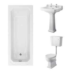 Wellington Low Level Comfort Height Toilet with White Seat & 600mm 2 Tap Hole Basin with 1700 x 700mm Traditional Straight Bath Single Ended