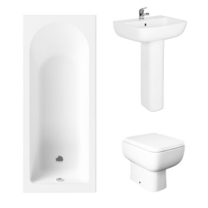 Essentials 1500 x 700mm Straight Bath Single Ended Bathroom Suite with RAK-Series 600 Back to Wall Toilet Pan and 520mm Short Projection Full Pedestal Basin- With Front Bath Panel