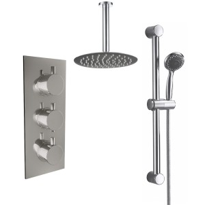Thurso Chrome Triple Round Handle Concealed Valve with 200mm Round Shower Head, Ceiling Arm and Riser Rail Kit (2 Outlet)