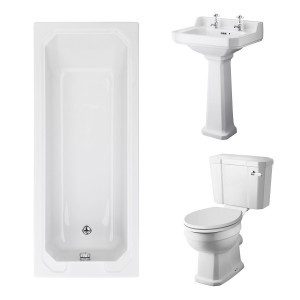 Wellington Close Coupled Comfort Height Toilet with White Seat & 560mm 2 Tap Hole Basin with 1700 x 700mm Traditional Straight Bath Single Ended