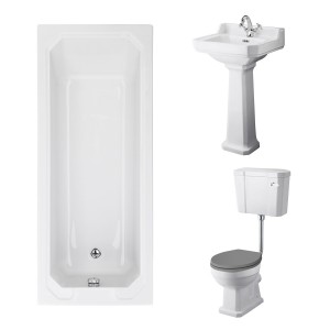Wellington Low Level Comfort Height Toilet with Grey Seat & 500mm 1 Tap Hole Basin with 1700 x 700mm Traditional Straight Bath Single Ended