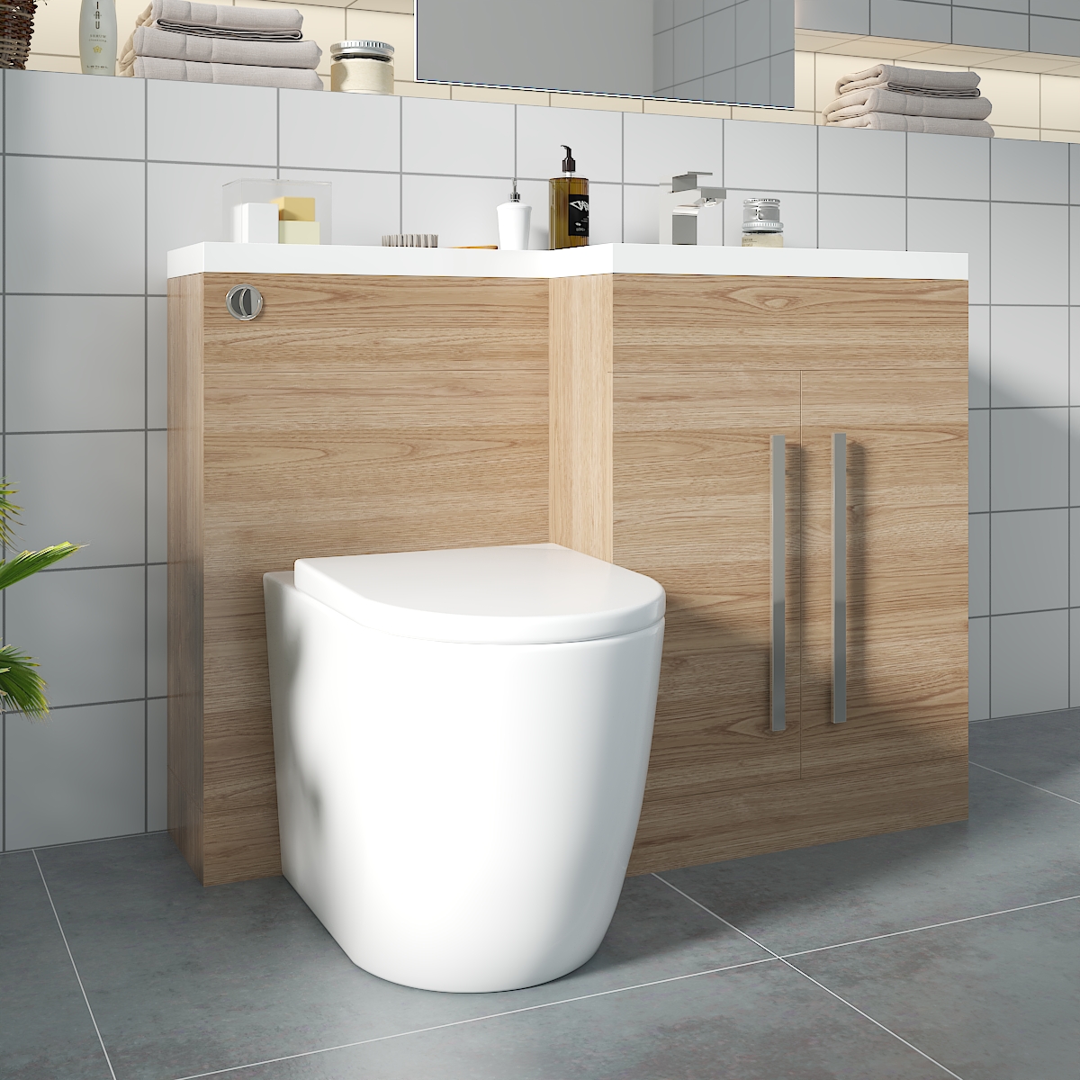 Calm Light Oak Right Hand Combination Vanity Unit Basin L Shape with Back to Wall Cordoba Toilet & Soft Close Seat & Concealed Cistern - 1100mm