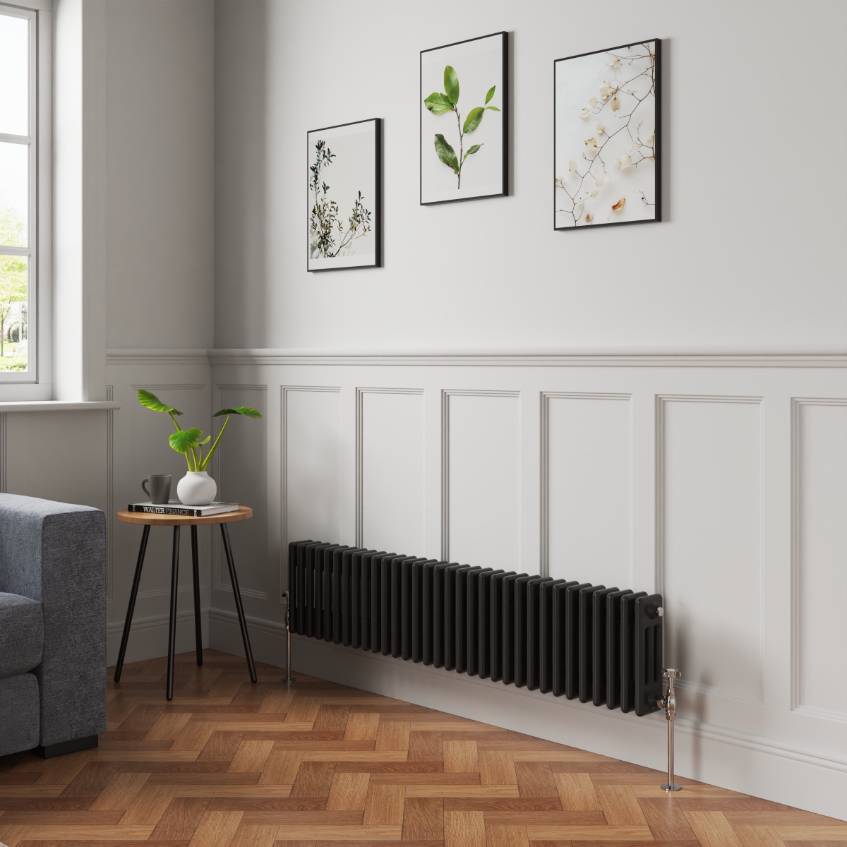 Bern 300 x 1460mm Black Triple Column Horizontal Traditional Radiator