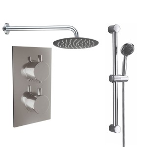 Thurso Chrome Twin Round Handle Concealed Valve Built in Diverter with 300mm Round Shower Head and Riser Rail Kit (2 Outlet)