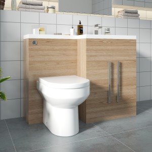 Calm Light Oak Right Hand Combination Vanity Unit Basin L Shape with Back to Wall Calgary Toilet & Soft Close Seat & Concealed Cistern - 1100mm