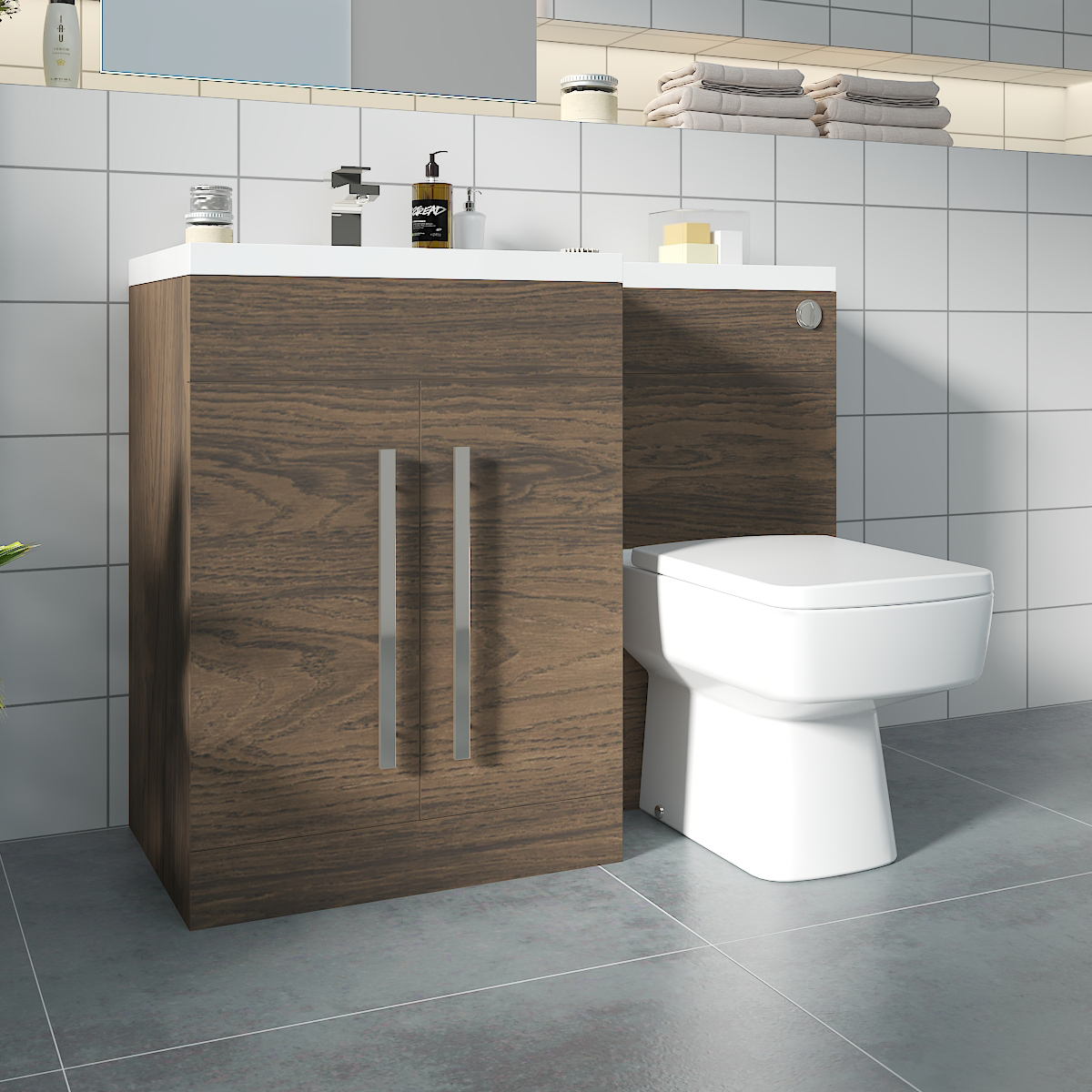 Calm Walnut Left Hand Combination Vanity Unit Basin L Shape with Back to Wall Boston Toilet & Soft Close Seat & Concealed Cistern - 1100mm