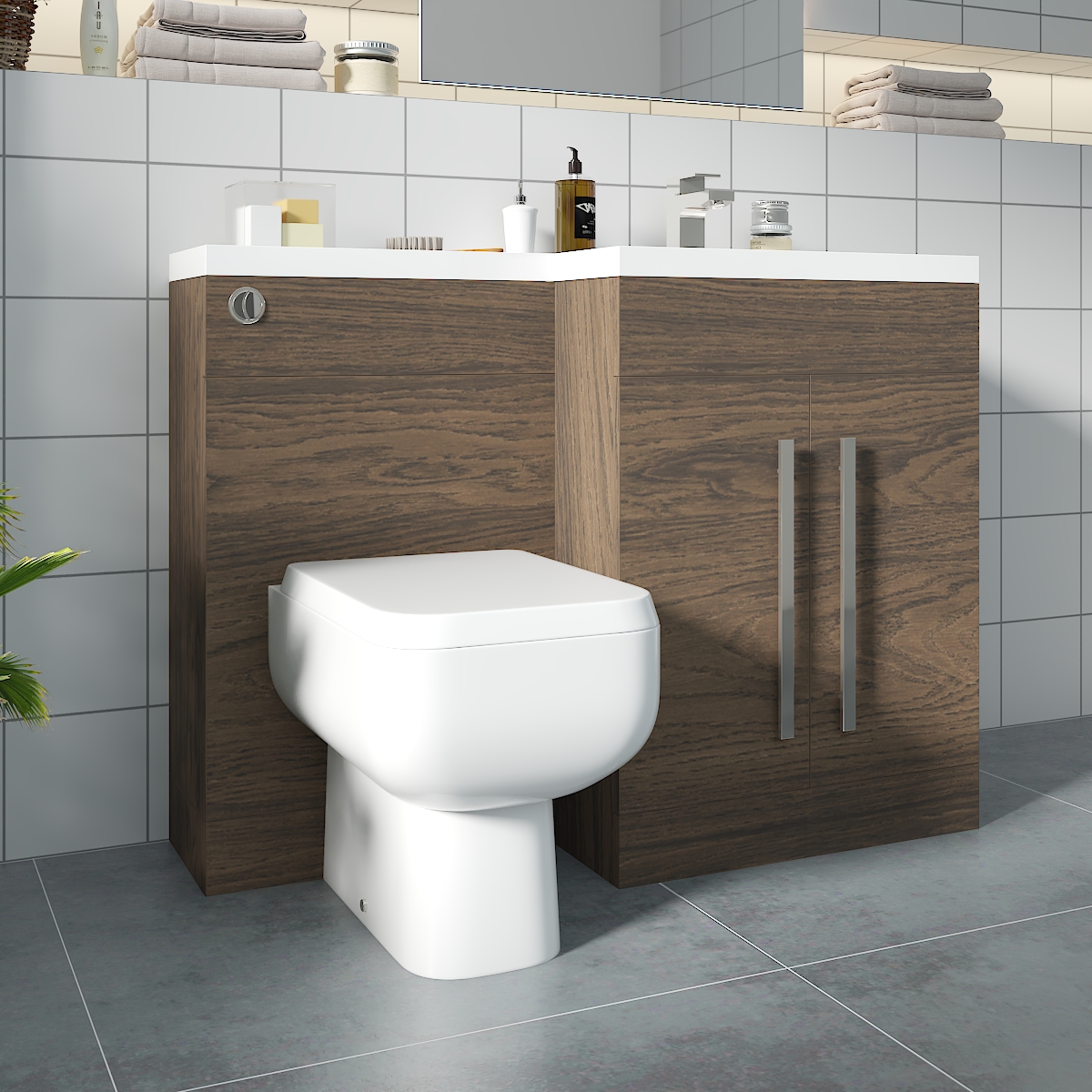 Calm Walnut Right Hand Combination Vanity Unit with RAK-Series 600 Toilet & Soft Close Seat & Concealed Cistern - 1100mm