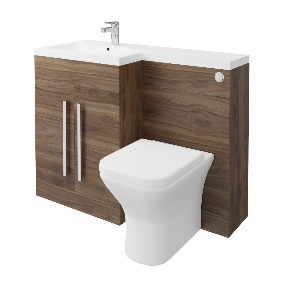 Calm Walnut Left Hand Combination Vanity Unit Basin L Shape with Back to Wall Feel Curved Toilet & Soft Close Seat & Concealed Cistern - 1100mm