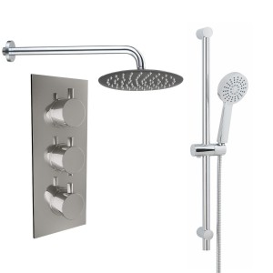 Thurso Chrome Triple Round Handle Concealed Valve with 200mm Round Shower Head and Chrome Riser Rail Kit (2 Outlet)