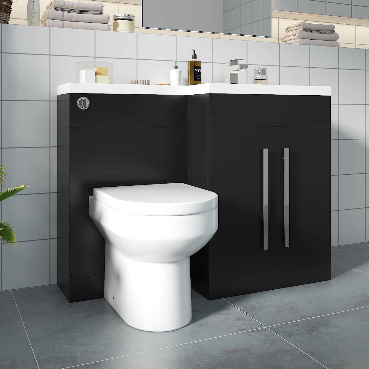 Calm Matt Black Right Hand Combination Vanity Unit Basin L Shape with Back to Wall Calgary Toilet & Soft Close Seat & Concealed Cistern - 1100mm