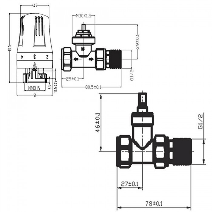 Thermostatic TRV Angled Radiator Valves 1/2 x 15mm Lockshield Pack (White  & Chrome) - EzHeat