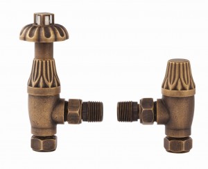 15mm Westminster Antique Brass Thermostatic Angled Radiator Valves