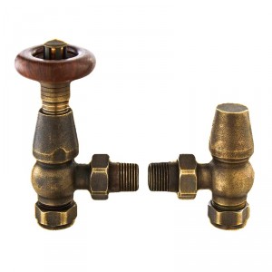 15mm Chelsea Antique Brass Thermostatic Angled Radiator Valves