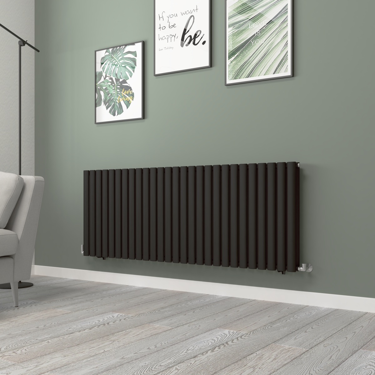 Norden 600 x 1594mm Black Double Horizontal Oval Tube Designer Radiator