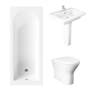 Essentials 1600 x 700mm Straight Bath Single Ended Bathroom Suite with RAK-Resort Back to Wall Pan Toilet and 650mm Full Pedestal Basin