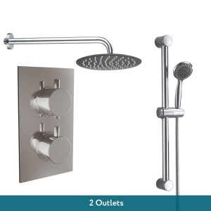 Thurso Chrome Twin Round Handle Concealed Valve Built in Diverter with 200mm Round Shower Head and Riser Rail Kit (2 Outlet)