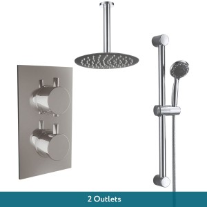 Thurso Chrome Twin Round Handle Concealed Valve Built in Diverter with 200mm Round Shower Head, Ceiling Arm and Riser Rail Kit (2 Outlet)
