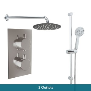Thurso Chrome Twin Round Handle Concealed Valve Built in Diverter with 200mm Round Shower Head and Chrome Riser Rail Kit (2 Outlet)