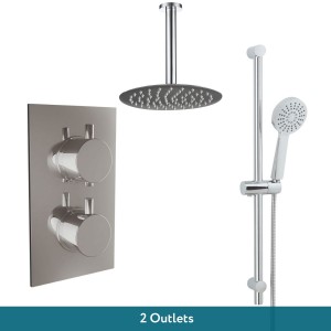Thurso Chrome Twin Round Handle Concealed Valve Built in Diverter with 200mm Round Shower Head, Ceiling Arm and Chrome Riser Rail Kit (2 Outlet)