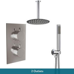 Thurso Chrome Twin Round Handle Concealed Valve Built in Diverter with 200mm Round Shower Head, Ceiling Arm and Hand Shower (2 Outlet)