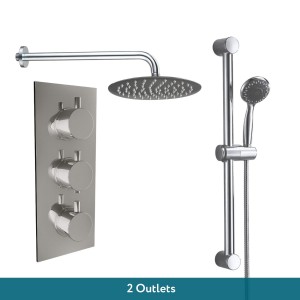 Thurso Chrome Triple Round Handle Concealed Valve with 200mm Round Shower Head and Riser Rail Kit (2 Outlet)