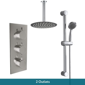 Thurso Chrome Triple Round Handle Concealed Valve with 200mm Round Shower Head, Ceiling Arm and Riser Rail Kit (2 Outlet)