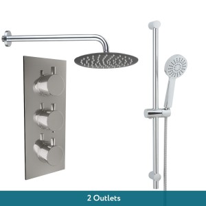 Thurso Chrome Triple Round Handle Concealed Valve with 200mm Round Shower Head and Chrome Riser Rail Kit (2 Outlet)