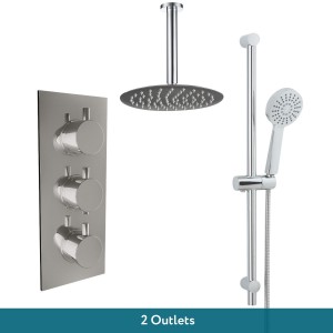 Thurso Chrome Triple Round Handle Concealed Valve with 200mm Round Shower Head, Ceiling Arm and Chrome Riser Rail Kit (2 Outlet)