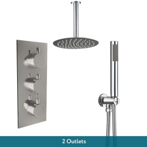 Thurso Chrome Triple Round Handle Concealed Valve with 200mm Round Shower Head, Ceiling Arm and Hand Shower (2 Outlet)
