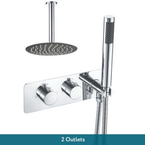 Thurso Chrome Round Twin Diverter with Built in Hand Shower and 300mm Round Shower Head and Ceiling Arm (2 Outlet)