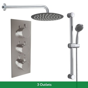 Thurso Chrome Triple Round Handle Concealed Valve Bulit in Diverter with 200mm Round Shower Head and Riser Rail Kit (3 Outlet)