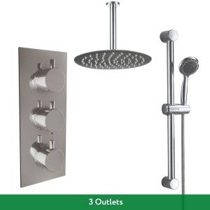 Thurso Chrome Triple Round Handle Concealed Valve Bulit in Diverter with 200mm Round Shower Head, Ceiling Arm and Riser Rail Kit (3 Outlet)
