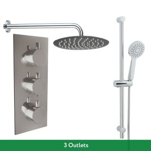 Thurso Chrome Triple Round Handle Concealed Valve Bulit in Diverter with 200mm Round Shower Head and Chrome Riser Rail Kit (3 Outlet)