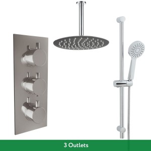 Thurso Chrome Triple Round Handle Concealed Valve Bulit in Diverter with 200mm Round Shower Head, Ceiling Arm and Chrome Riser Rail Kit (3 Outlet)