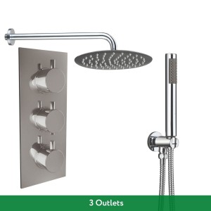Thurso Chrome Triple Round Handle Concealed Valve Bulit in Diverter with 200mm Round Shower Head and Hand Shower (3 Outlet)