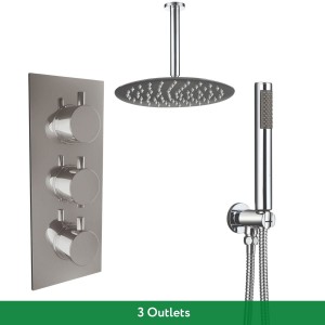 Thurso Chrome Triple Round Handle Concealed Valve Bulit in Diverter with 200mm Round Shower Head, Ceiling Arm and Hand Shower (3 Outlet)