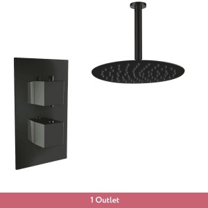 Thurso Matt Black Twin Square Handle Concealed Valve with 200mm Round Shower Head and Ceiling Arm (1 Outlet)
