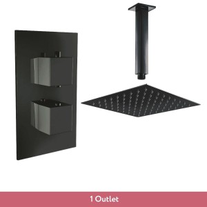 Beauly Matt Black Twin Square Handle Concealed Valve with 200mm Square Shower Head and Ceiling Arm (1 Outlet)