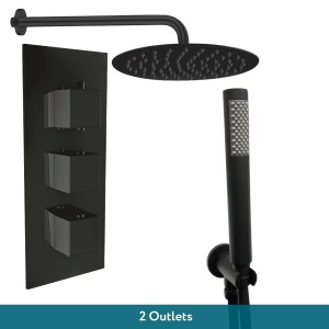 Thurso Matt Black Triple Square Handle Concealed Valve with 200mm Round Shower Head and Hand Shower (2 Outlet)
