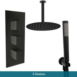 Thurso Matt Black Triple Square Handle Concealed Valve with 200mm Round Shower Head, Ceiling Arm and Hand Shower (2 Outlet)