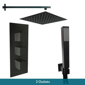 Beauly Matt Black Triple Square Handle Concealed Valve with 200mm Square Shower Head and Hand Shower (2 Outlet)
