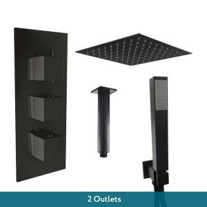 Beauly Matt Black Triple Square Handle Concealed Valve with 200mm Square Shower Head, Ceiling Arm and Hand Shower (2 Outlet)